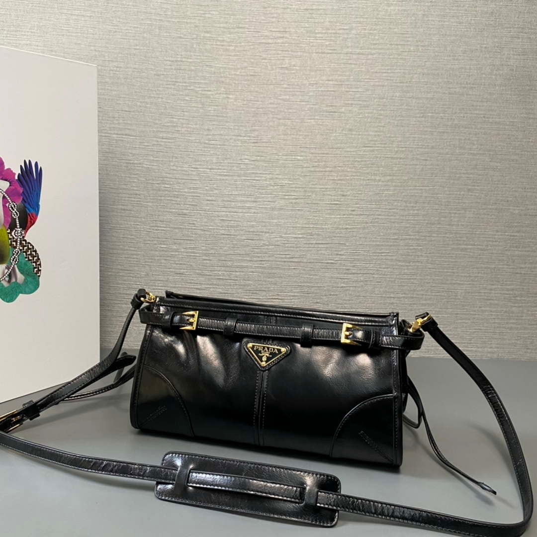 Prada 1BH215 LusSolf leather shoulder bag Black | prada 1bh215 lussolf small leather shoulder bag black 006