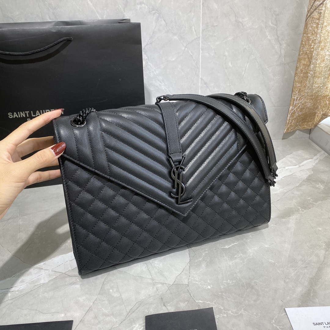 YSL 600166 Envelope Large In Quilted Grain De Poudre Embossed Leather Black With black logo | ysl 600166 envelope large in quilted grain de poudre embossed leather 37