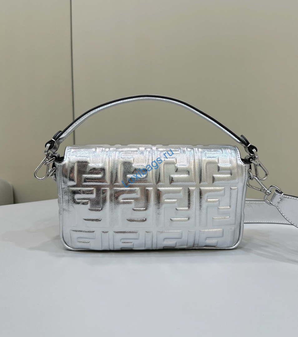Fendi 8BR600 Baguette Medium leather 0135 bag Silver | fendi 8br600 baguette medium crocodile leather 8628 bag silver 2