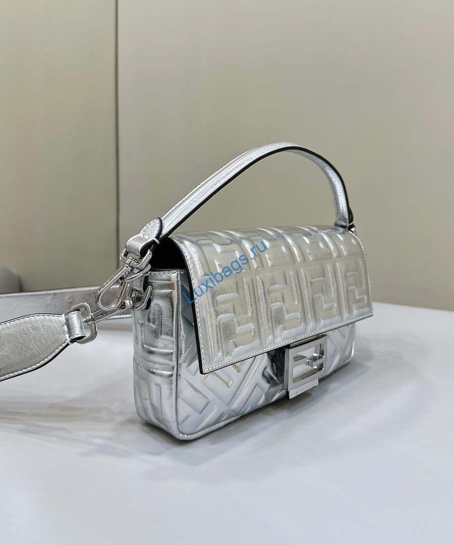 Fendi 8BR600 Baguette Medium leather 0135 bag Silver | fendi 8br600 baguette medium crocodile leather 8628 bag silver 3