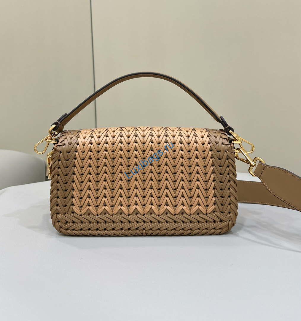 Fendi 8BR600 Baguette Sand and Brown interlaced leather and raffia bag 8630 | fendi 8br600 baguette sand interlaced leather and raffia bag 8630 002