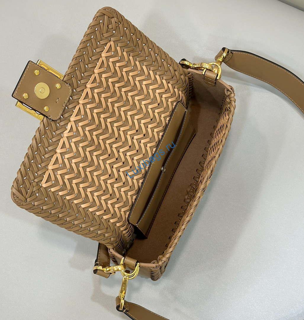 Fendi 8BR600 Baguette Sand and Brown interlaced leather and raffia bag 8630 | fendi 8br600 baguette sand interlaced leather and raffia bag 8630 008