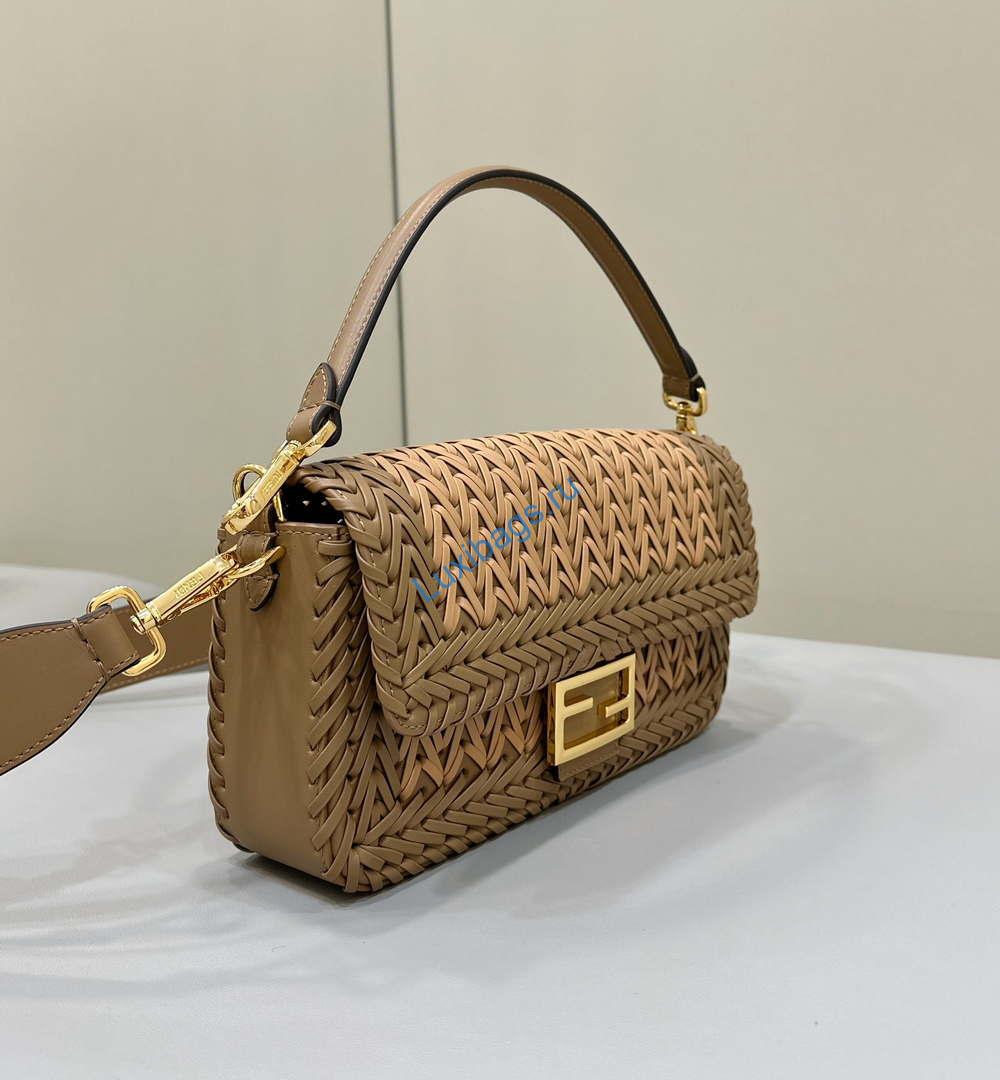 Fendi 8BR600 Baguette Sand and Brown interlaced leather and raffia bag 8630 | fendi 8br600 baguette sand interlaced leather and raffia bag 8630 009