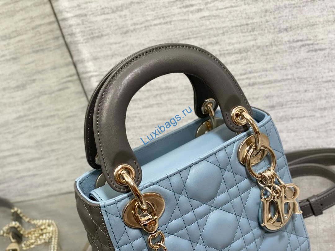 Dior M0505 Mini Lady Dior Bag Blue & Gray Calfskin | dior m0505 mini lady dior bag blue calfskin with black enamel buckle 002
