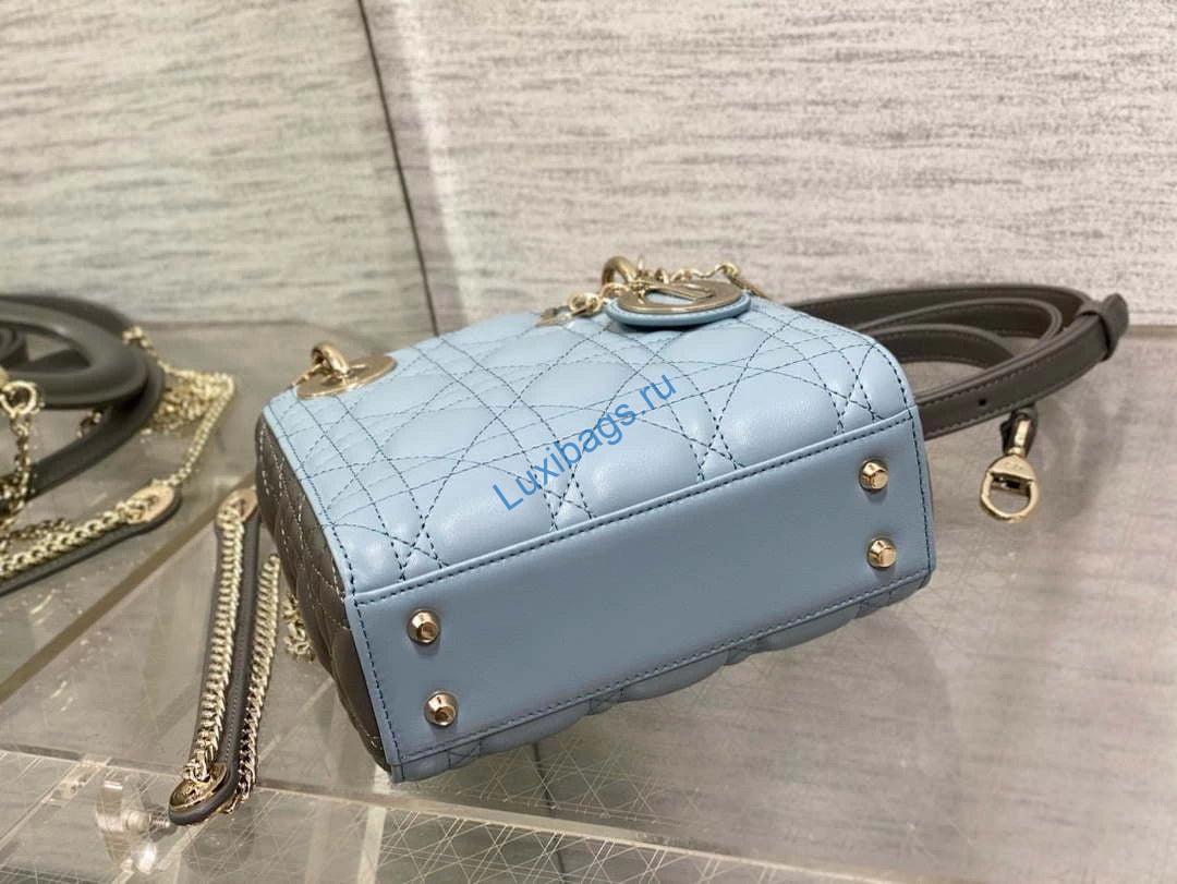 Dior M0505 Mini Lady Dior Bag Blue & Gray Calfskin | dior m0505 mini lady dior bag blue calfskin with black enamel buckle 007