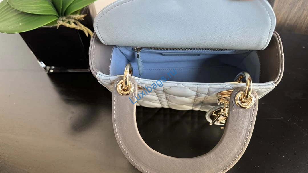 Dior M0505 Mini Lady Dior Bag Blue & Gray Calfskin | dior m0505 mini lady dior bag blue calfskin with black enamel buckle 008