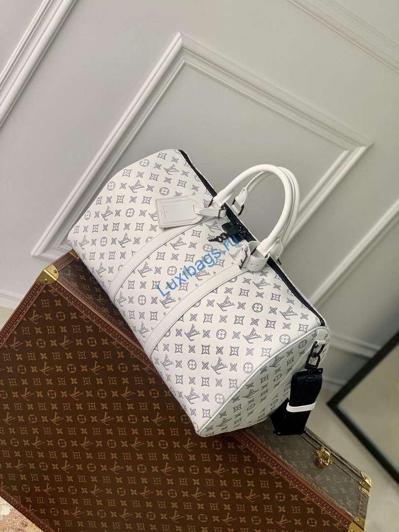 LV M24954 Louis Vuitton Keepall Bandoulière 50 Travel Bag White/Navy Blue | lv m24954 louis vuitton keepall bandouliere 50 travel bag white navy blue 2