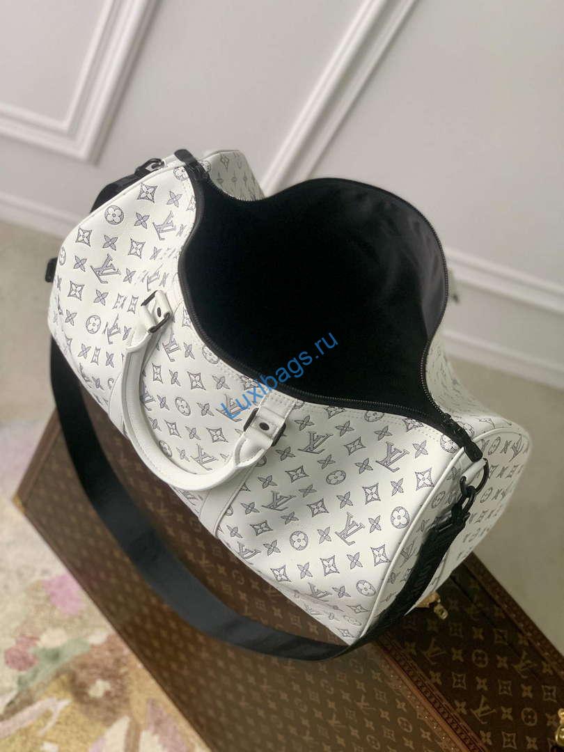 LV M24954 Louis Vuitton Keepall Bandoulière 50 Travel Bag White/Navy Blue | lv m24954 louis vuitton keepall bandouliere 50 travel bag white navy blue 9