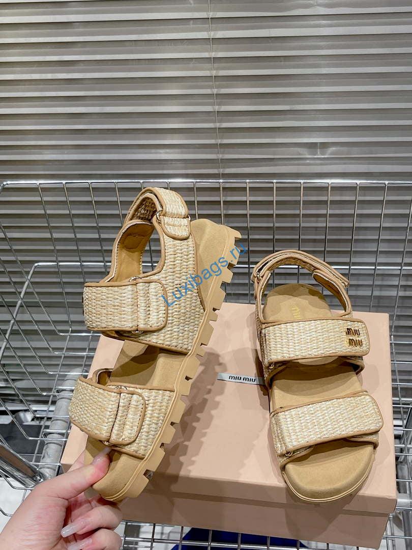 MiuMiu 5X133E Women's Sporty raffia-effect woven fabric sandals Miu8010 | miumiu 5x133e womens sporty raffia effect woven fabric sandals miu8010 005
