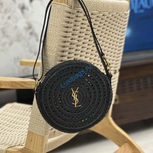 YSL 744292 Saint Laurent Round Bag In Black Raffia And Vegetable-Tanned Leather