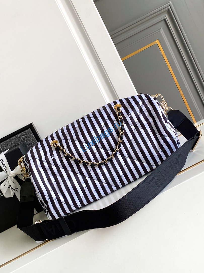 Chanel AS4696 Large Bowling Bag Printed Fabric & Gold-Tone Metal White & Black | chanel as4696 large bowling bag printed fabric gold tone metal white black 003