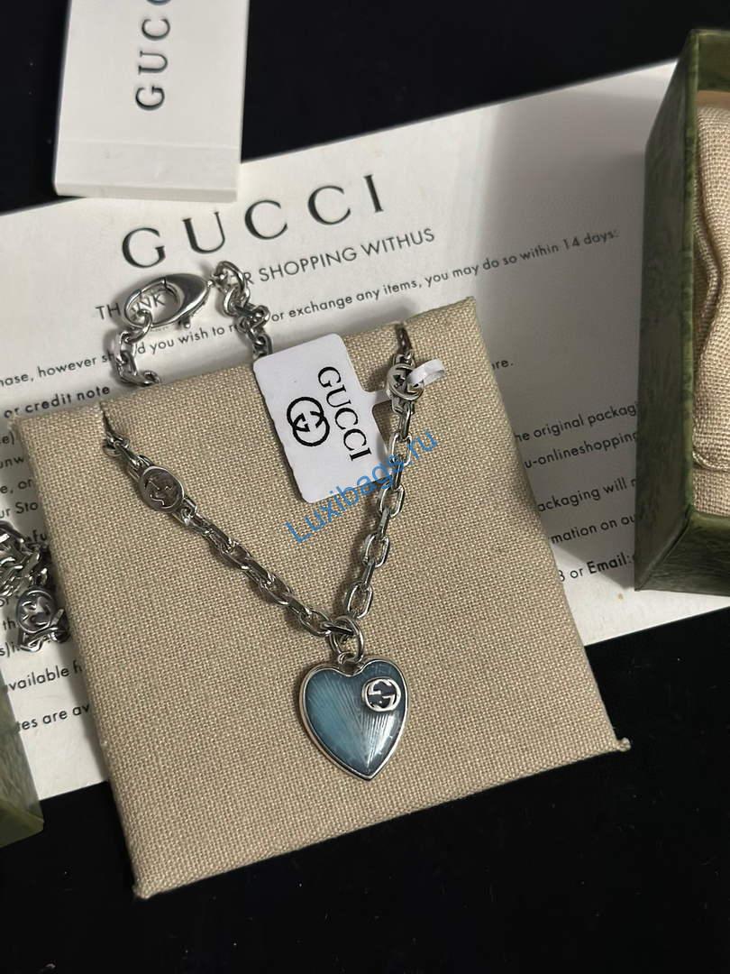 Gucci ‎ ‎‎645545 heart necklace with interlocking g silver(light blue)
