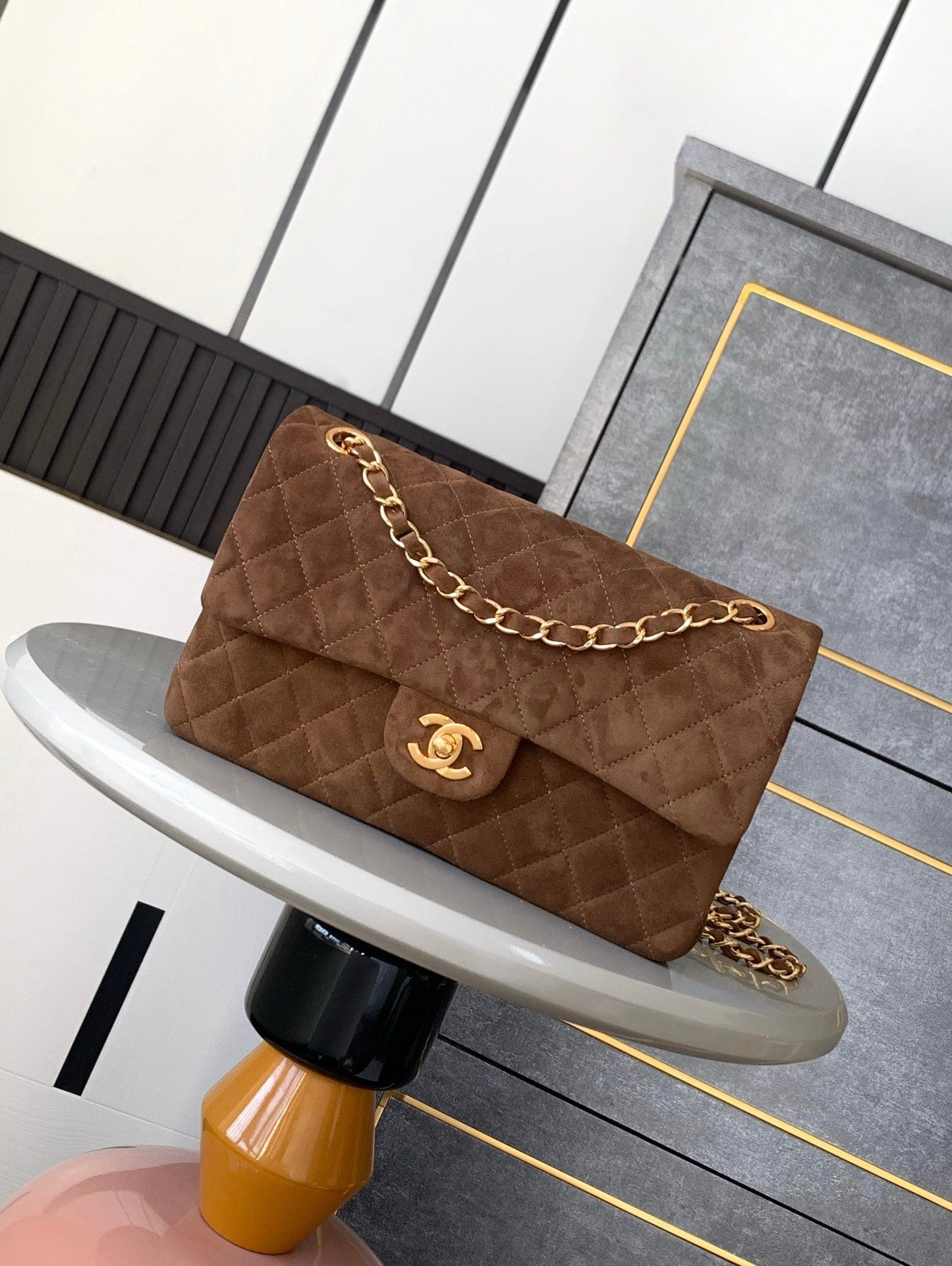 Chanel A01112 Flap Classic 11.12 Handbag Suede leather & Gold-Tone Metal Tan