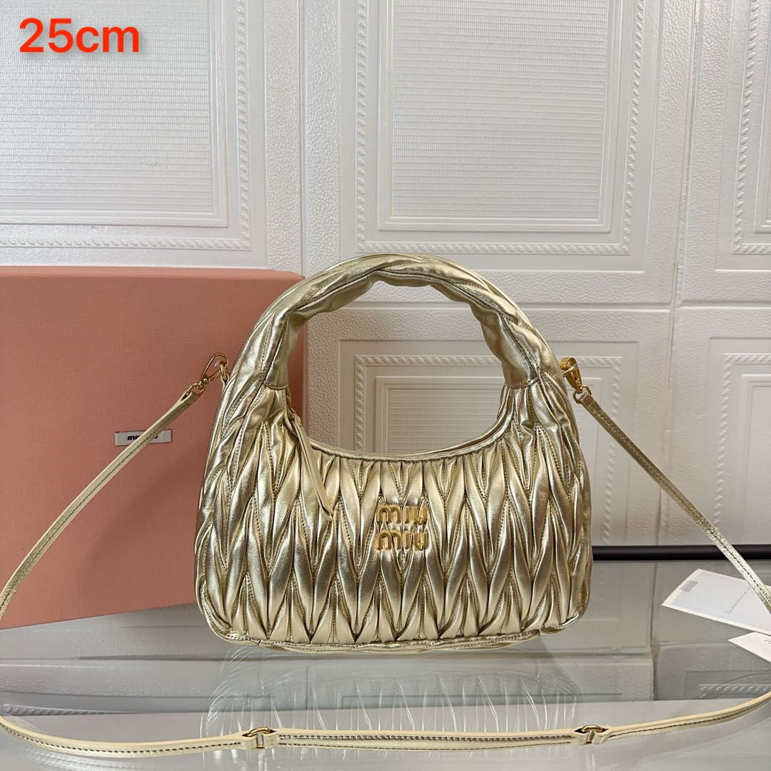 MiuMiu 5BC153 Wander matelassé nappa leather hobo bag Gold