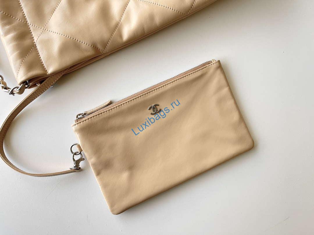 Chanel 22 AS3261 Handbag 24K Shiny Calfskin Apricot Silver | chanel 22 as3261 handbag shiny calfskin aricot silver 08