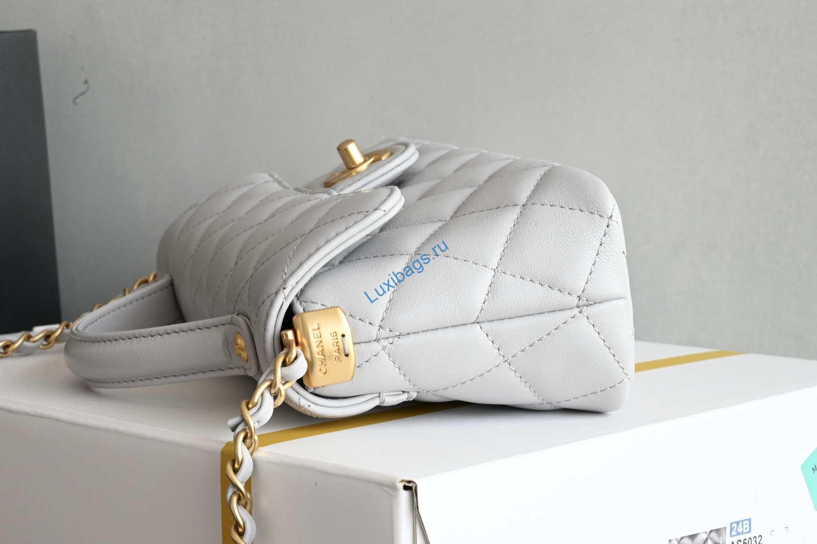 Chanel 25SS AS5354 Mini Flap Bag with Top Handle Lambskin Gray | chanel as5354 mini flap bag with top handle lambskin gray 004