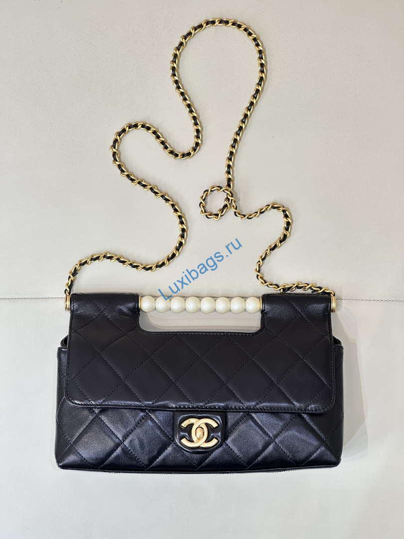 Chanel AS5390 25P Limited Edition Pearl Handle Flap Bag Black Lambskin | chanel as5390 25p limited edition pearl handle flap bag in lambskin black 019