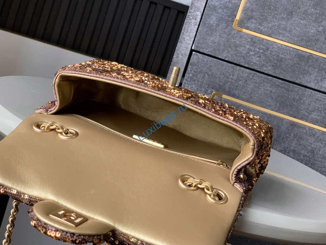 Chanel AS1116 25C Mini Flap Bag 20cm A69900 White dense sequins Gold | chanel as1116 25c mini flap bag 20cm a69900 white dense sequins 009