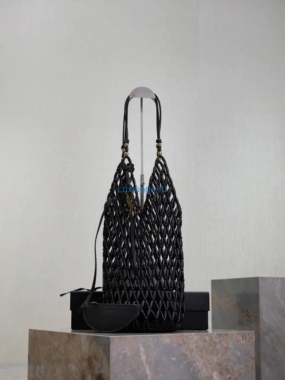 YSL 821911 supple bucket in wood beads Black