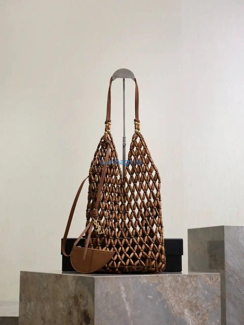 YSL 821911 supple bucket in wood beads LIGHT WOOD