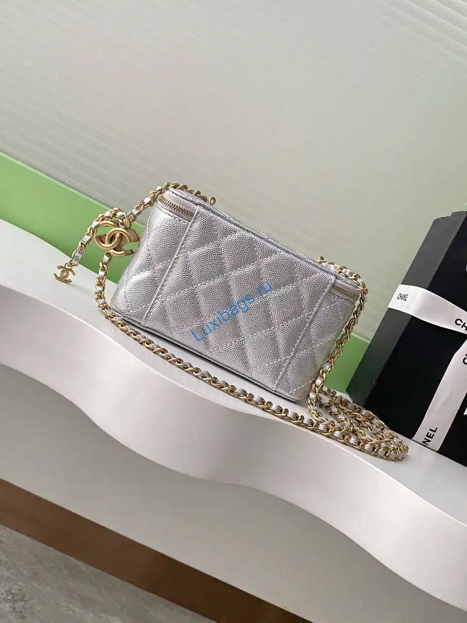 Chanel AP3940 25B Long Vanity with Chain Calfskin Gold-Tone Meta Silver | chanel ap3940 25b long vanity with chain calfskin gold tone meta 48