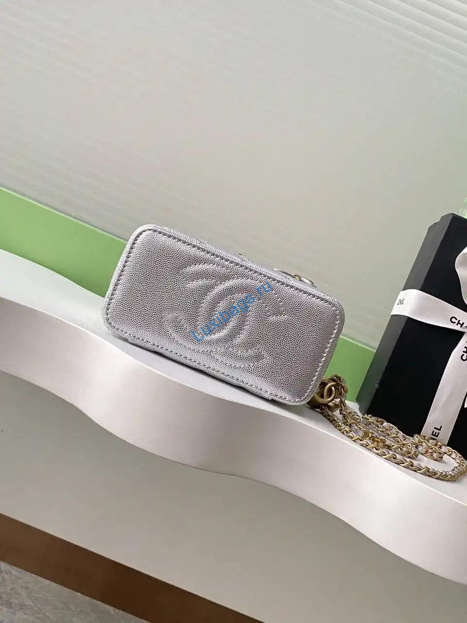 Chanel AP3940 25B Long Vanity with Chain Calfskin Gold-Tone Meta Silver | chanel ap3940 25b long vanity with chain calfskin gold tone meta 49