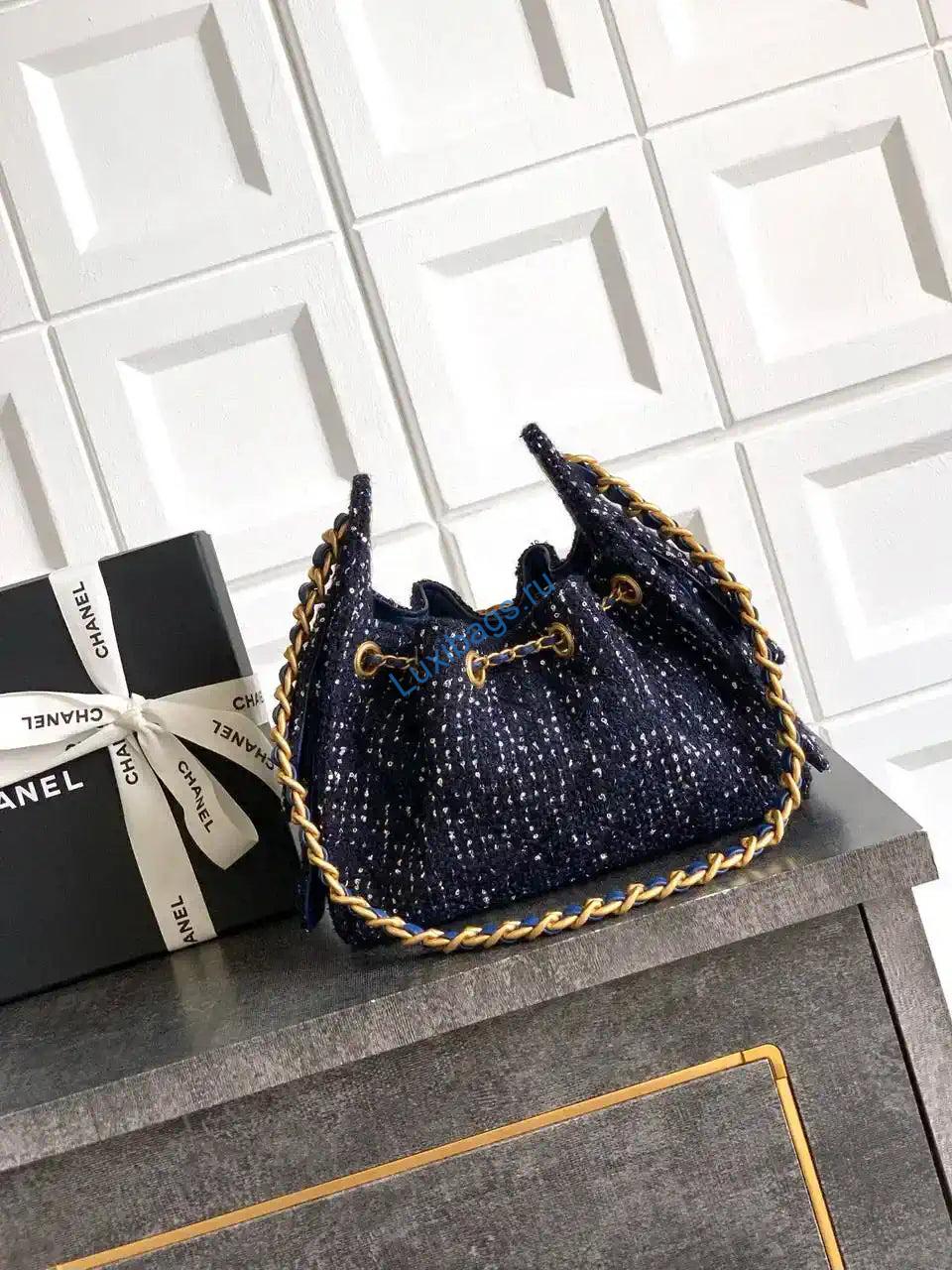 Chanel AS5631 Mini Hobo Tweed & Gold-Tone Metal dark Blue | chanel as5293 mini hobo tweed gold tone metal 13