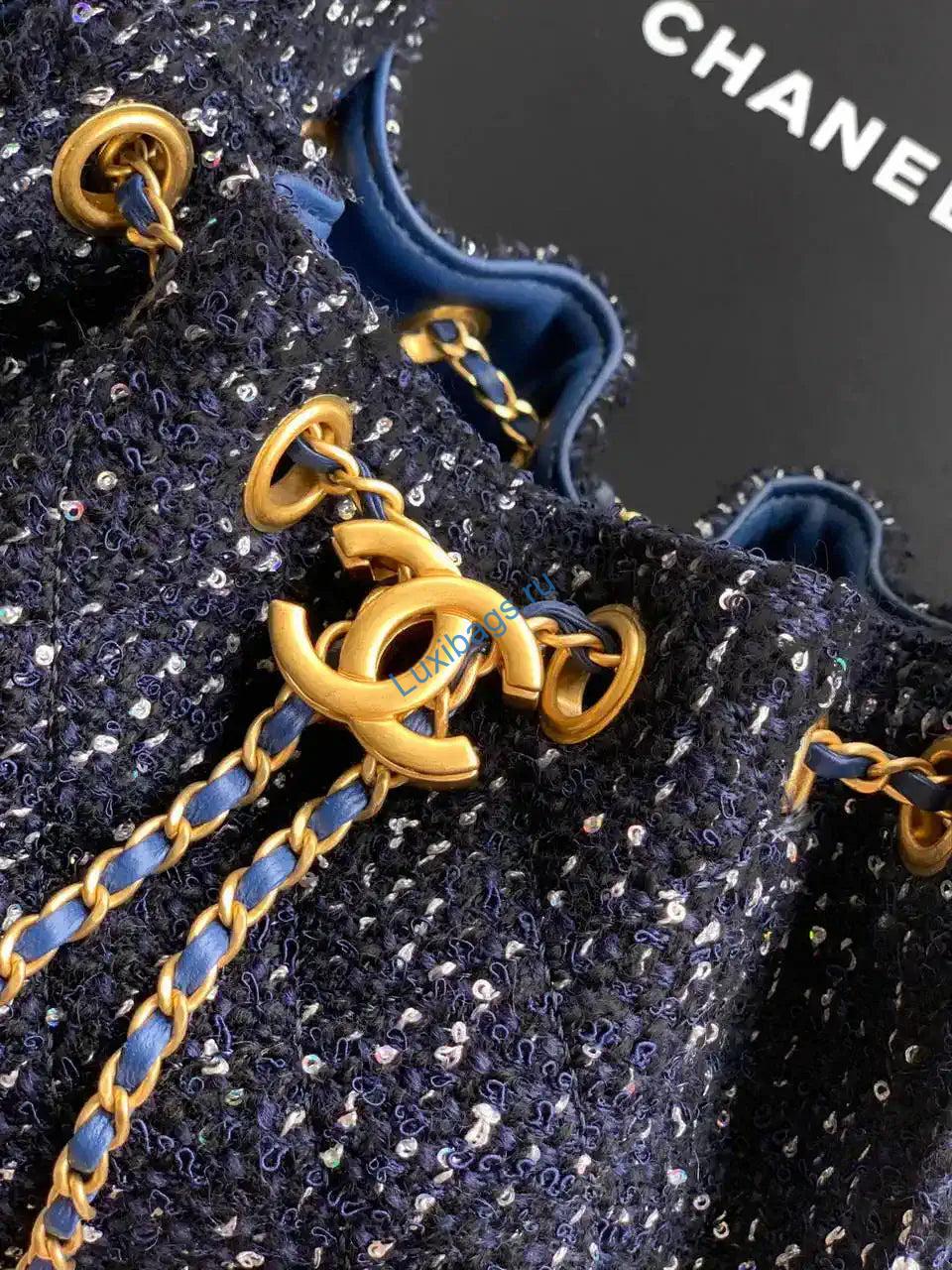 Chanel AS5631 Mini Hobo Tweed & Gold-Tone Metal dark Blue | chanel as5293 mini hobo tweed gold tone metal 15