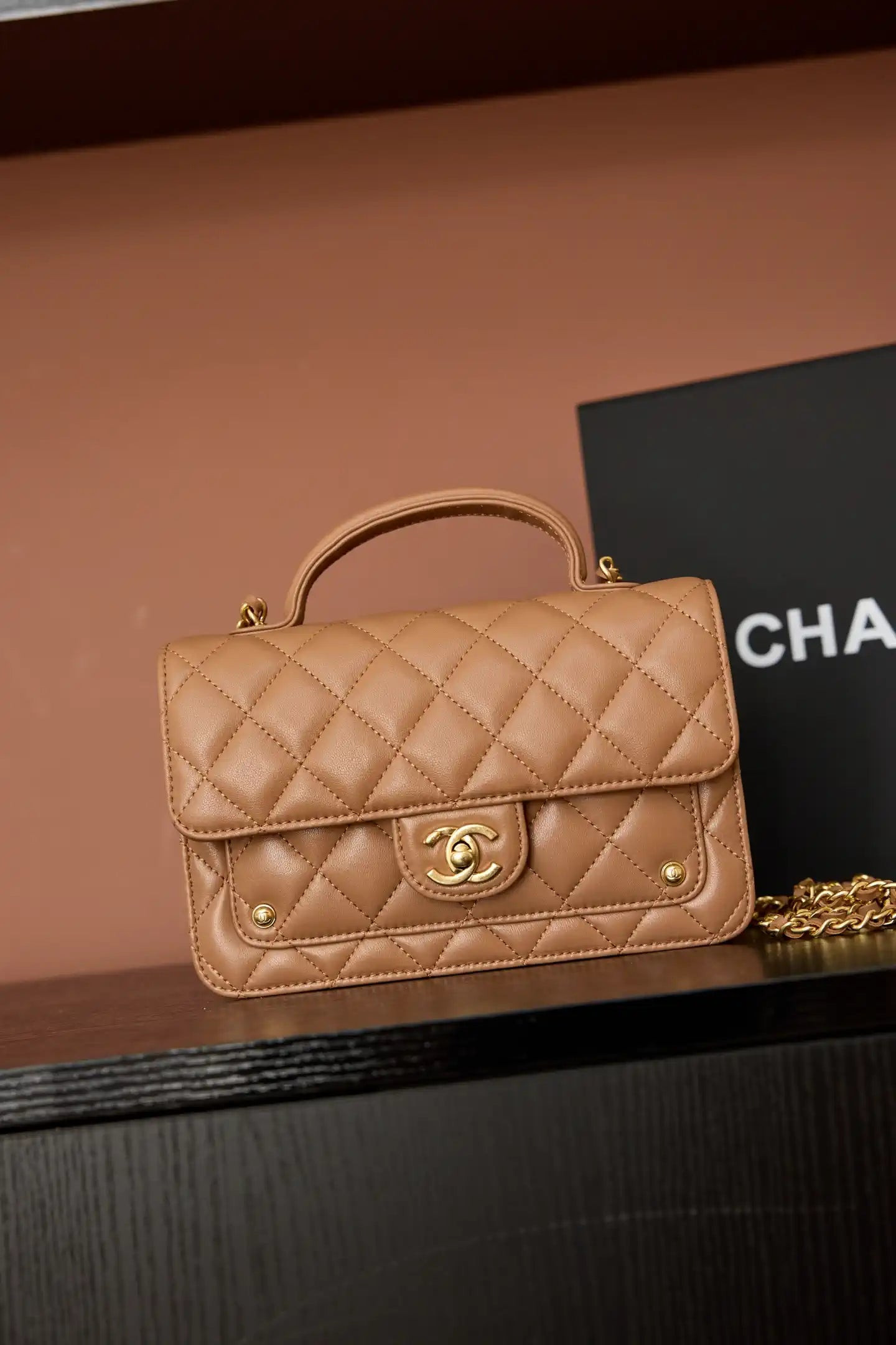Chanel AP4674 25B Large Flap Bag with Top Handle Lambskin gold Brown | chanel as4674 25b large flap bag with top handle lambskin gold brown 2
