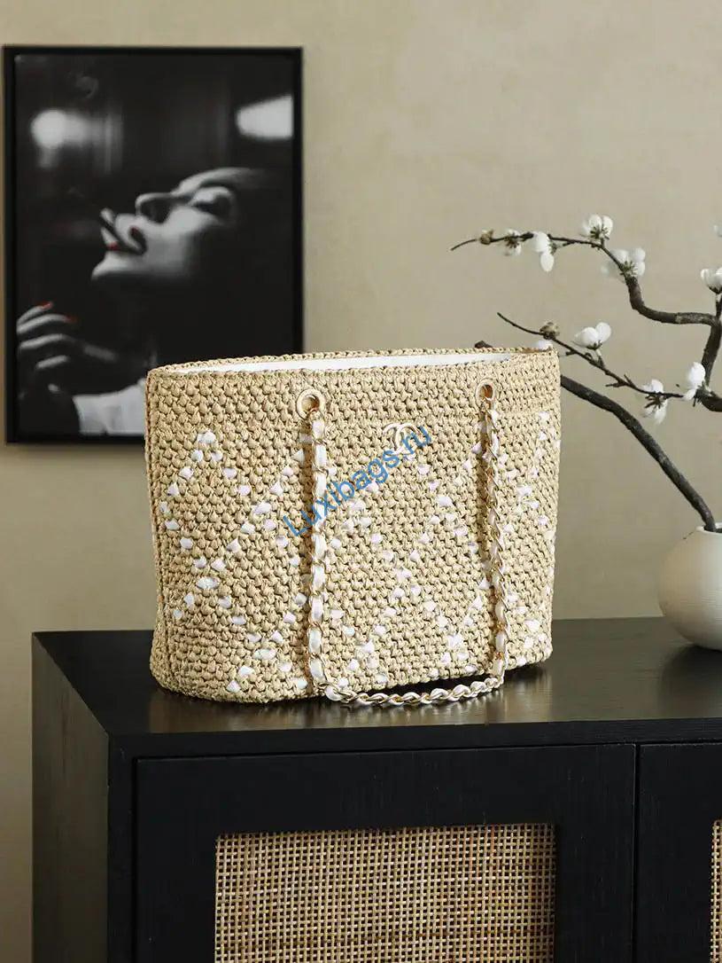 Chanel AS9906 Large Woven Raffia Shopping Bag Calfskin Nature with White | chanel as9906 large woven raffia shopping bag calfskin nature with white 2