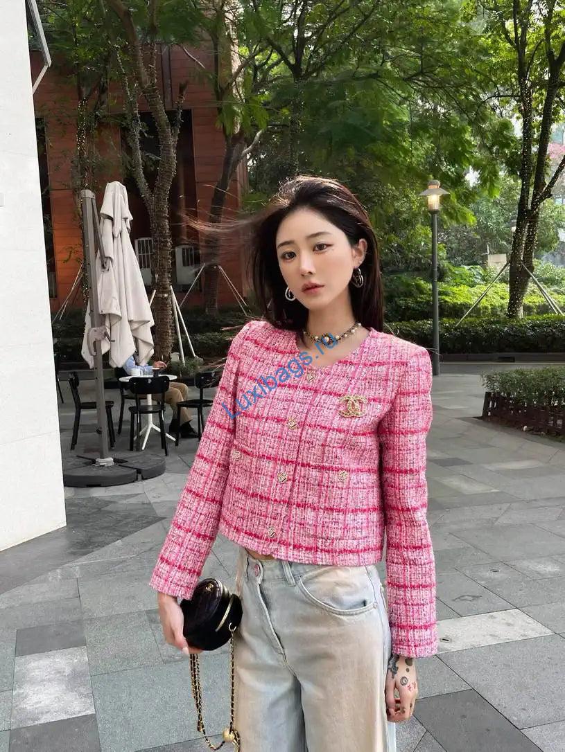 Chanel Women Tweed Rose and pink plaid jacket C62327 | chanel women tweed rose and pink plaid jacket c62327 07