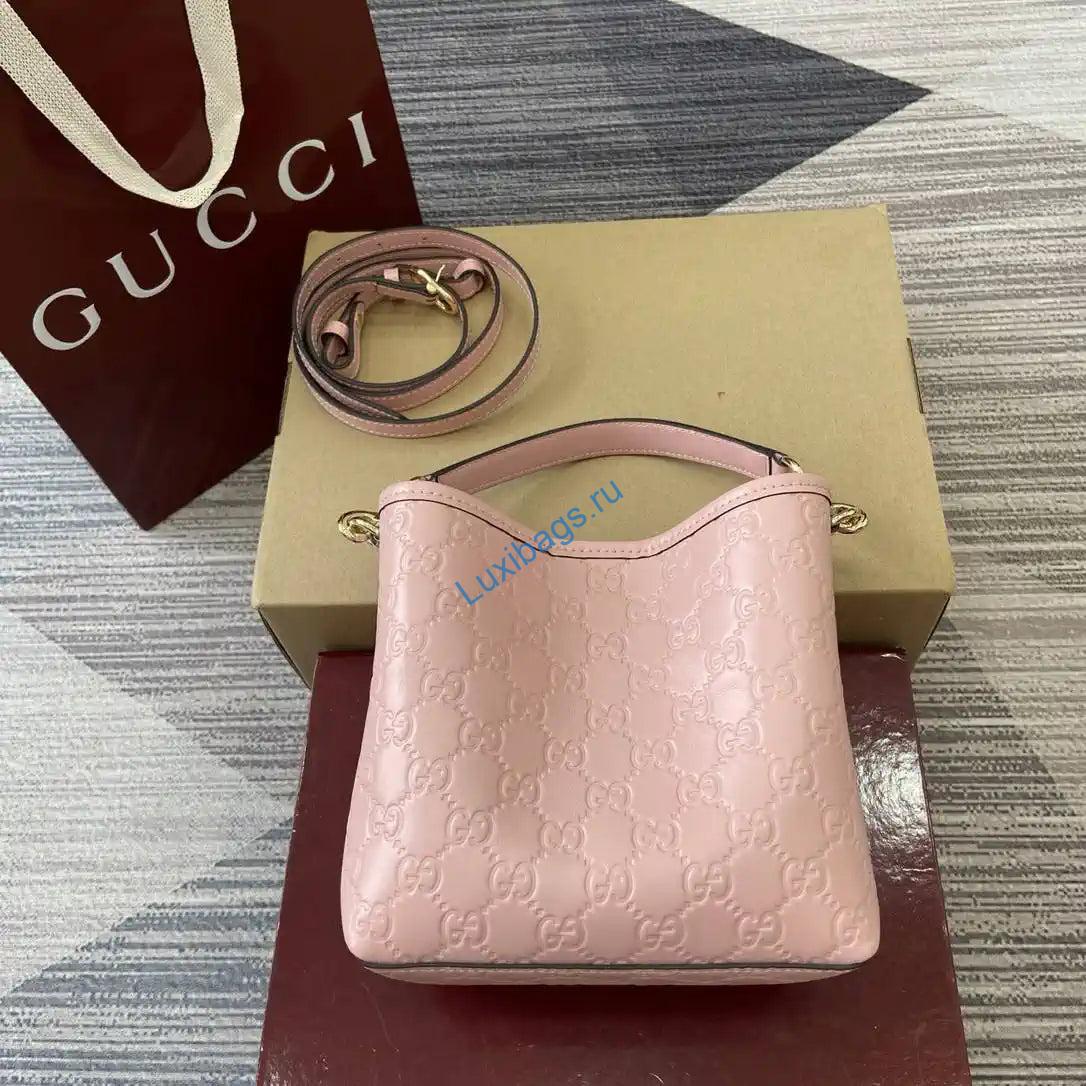 Gucci 815118 GG Emblem Mini Bucket Bag Pink GG leather | gucci 815118 gg emblem mini bucket bag pink gg leather 02