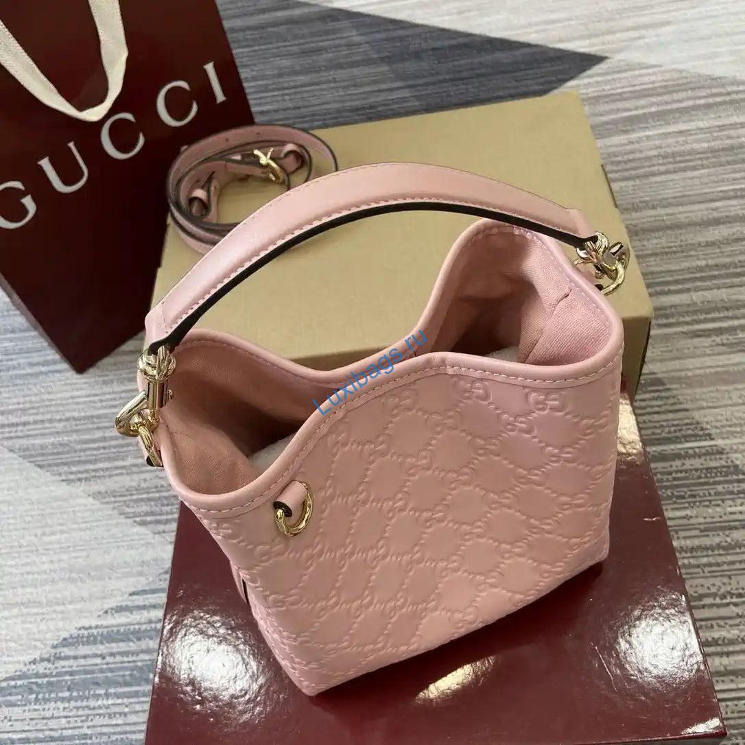 Gucci 815118 GG Emblem Mini Bucket Bag Pink GG leather | gucci 815118 gg emblem mini bucket bag pink gg leather 04