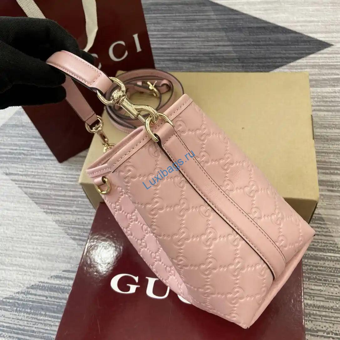 Gucci 815118 GG Emblem Mini Bucket Bag Pink GG leather | gucci 815118 gg emblem mini bucket bag pink gg leather 06