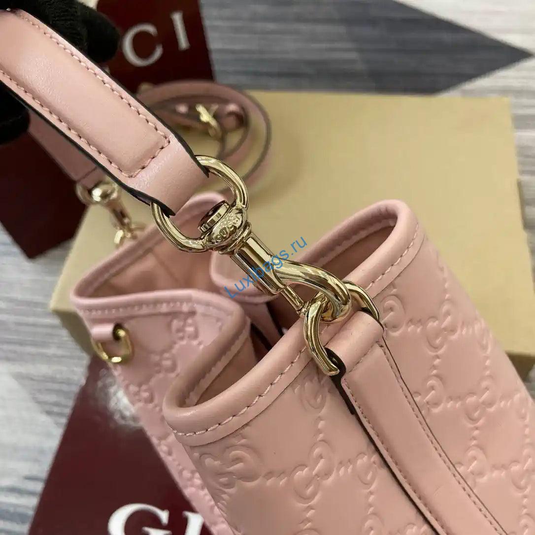 Gucci 815118 GG Emblem Mini Bucket Bag Pink GG leather | gucci 815118 gg emblem mini bucket bag pink gg leather 07