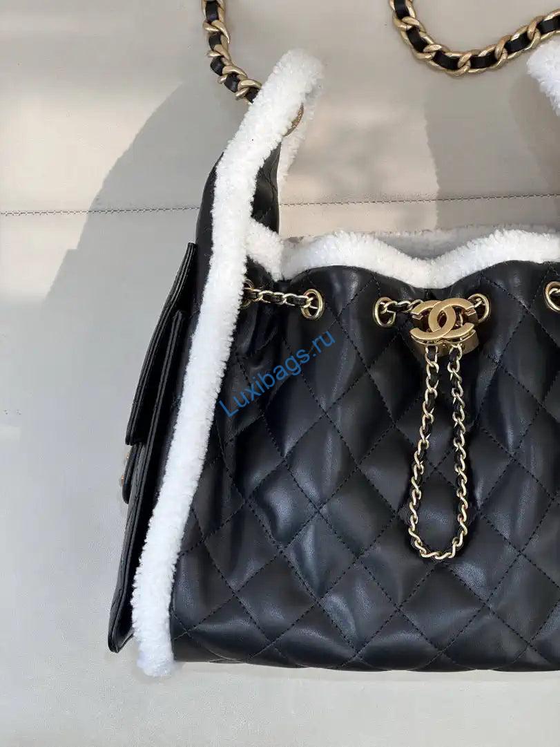 Chanel AS5293 Small Hobo Shearling Sheepskin & Gold-Tone Metal Black &White | chanel as5293 small hobo crumpled shearling sheepskin gold tone metal black white 02