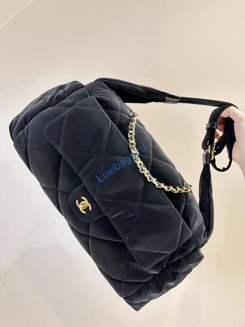 Chanel Large Bowling Bag Velvet-Effect Nylon & Gold-Tone Metal AS5054 Black | chanel large bowling bag velvet effect nylon gold tone metal as5054 black 04