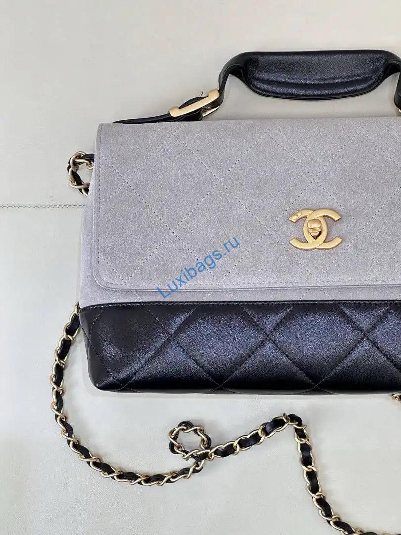Chanel Large Flap Bag With Top Handle Suede Calfskin Shiny Lambskin AS5637 Gray | chanel large flap bag with top handle suede calfskin shiny lambskin as5637 gray 04
