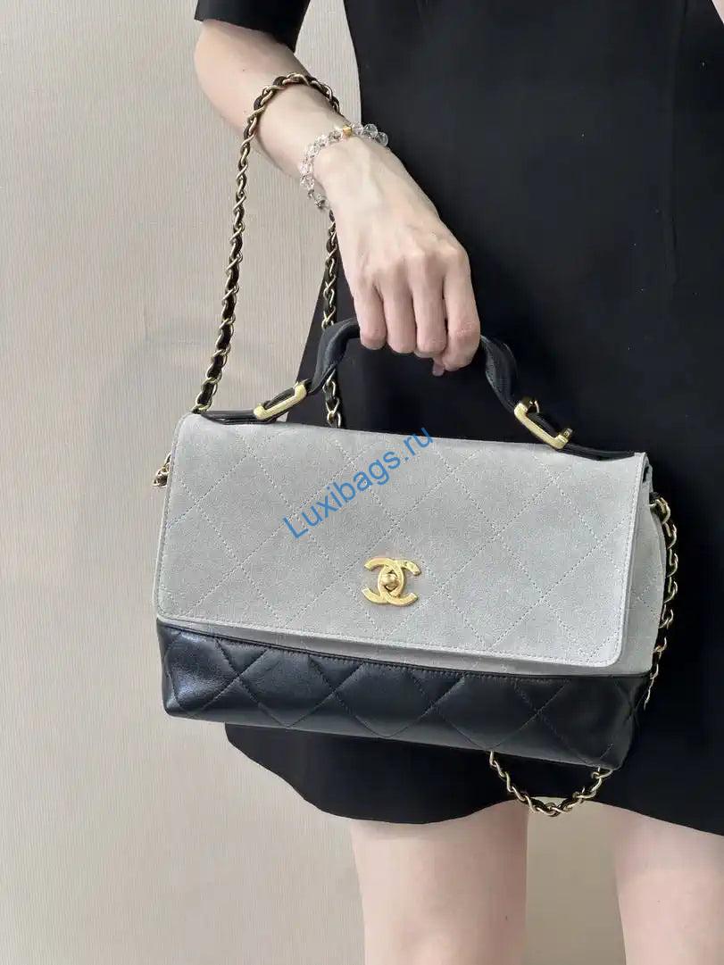Chanel Large Flap Bag With Top Handle Suede Calfskin Shiny Lambskin AS5637 Gray | chanel large flap bag with top handle suede calfskin shiny lambskin as5637 gray 13