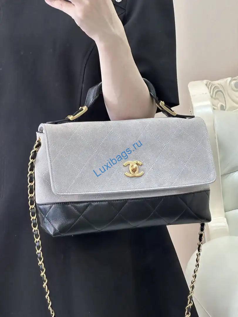 Chanel Large Flap Bag With Top Handle Suede Calfskin Shiny Lambskin AS5637 Gray | chanel large flap bag with top handle suede calfskin shiny lambskin as5637 gray 15