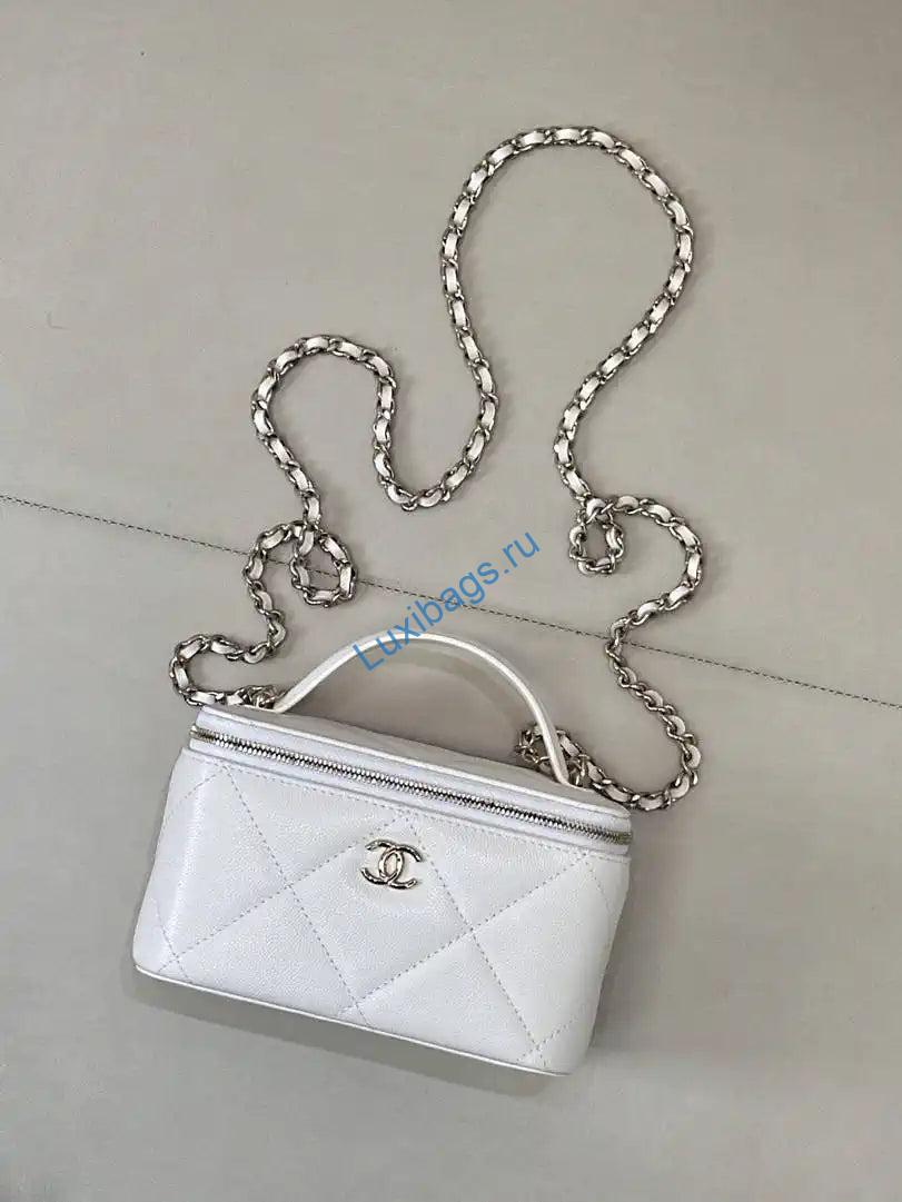 Chanel AP4933 25K Long Vanity with Chain Grained Shiny Calfskin Silver White | chanel ap4933 25k long vanity with chain grained shiny calfskin silver 29