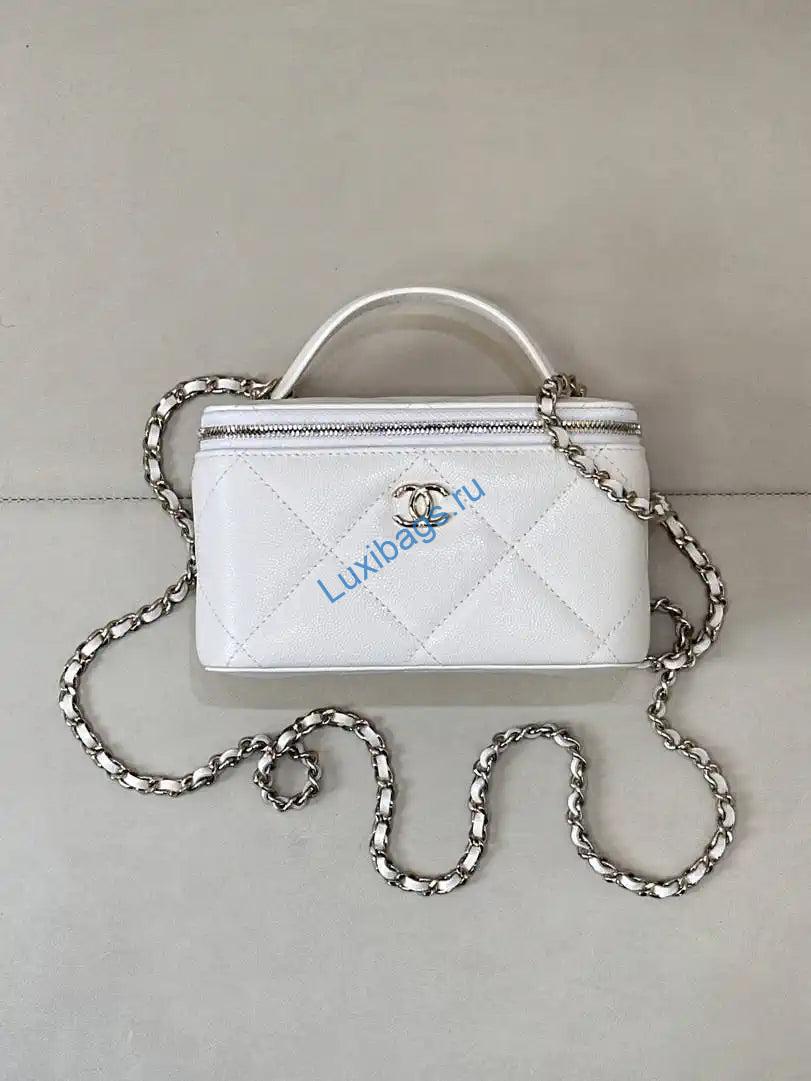 Chanel AP4933 25K Long Vanity with Chain Grained Shiny Calfskin Silver White | chanel ap4933 25k long vanity with chain grained shiny calfskin silver 30