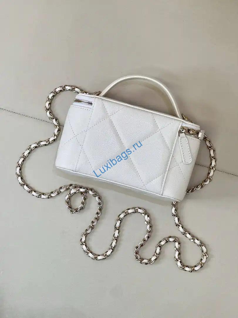 Chanel AP4933 25K Long Vanity with Chain Grained Shiny Calfskin Silver White | chanel ap4933 25k long vanity with chain grained shiny calfskin silver 35