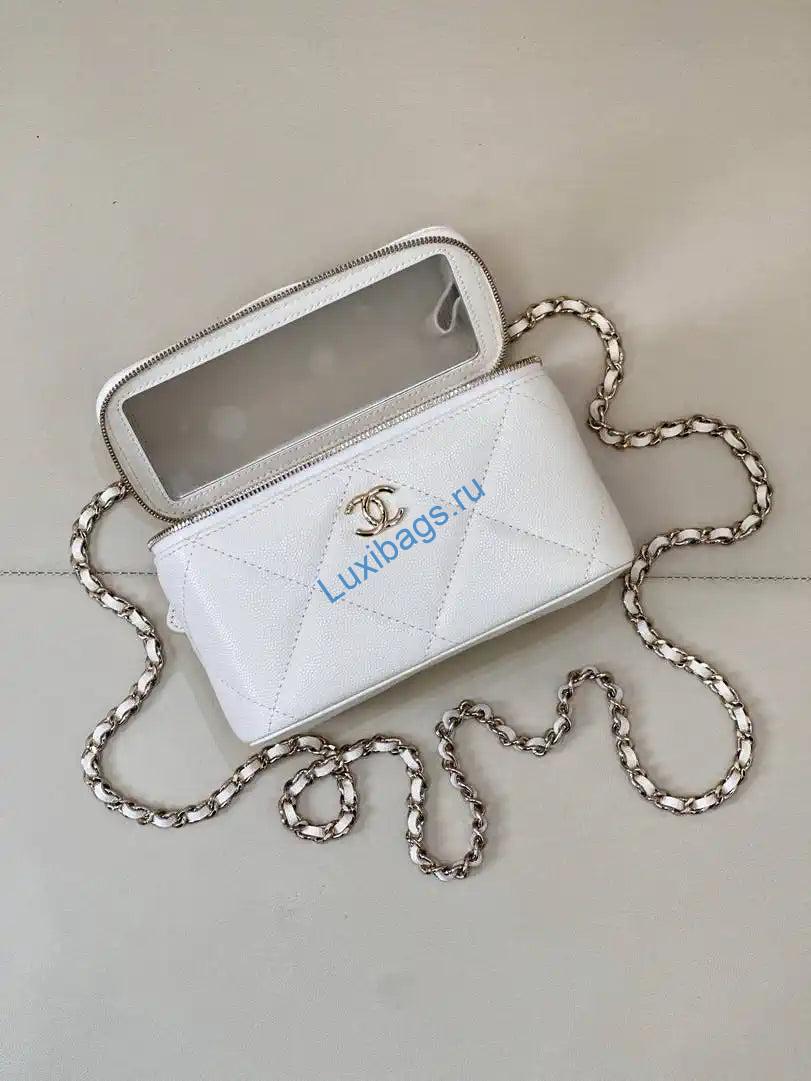 Chanel AP4933 25K Long Vanity with Chain Grained Shiny Calfskin Silver White | chanel ap4933 25k long vanity with chain grained shiny calfskin silver 36