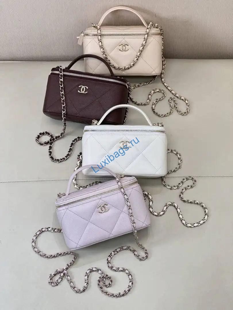 Chanel AP4933 25K Long Vanity with Chain Grained Shiny Calfskin Silver White | chanel ap4933 25k long vanity with chain grained shiny calfskin silver 37