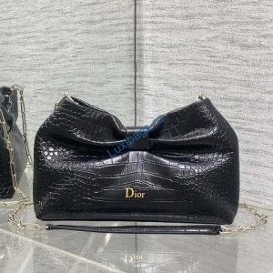 Dior Small Dior Bow Bag Calfskin leather with crocodile pattern M0715 Black