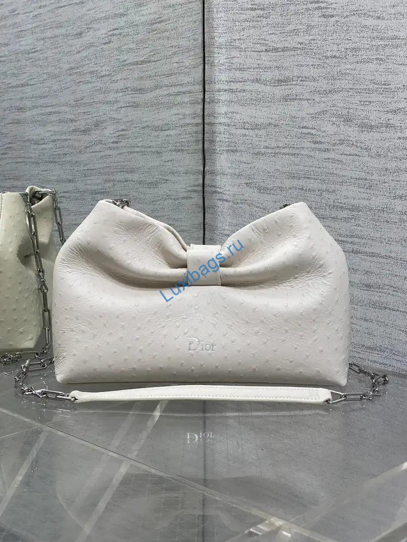 Dior Small Dior Bow Bag Calfskin leather with ostrich pattern M0715 White