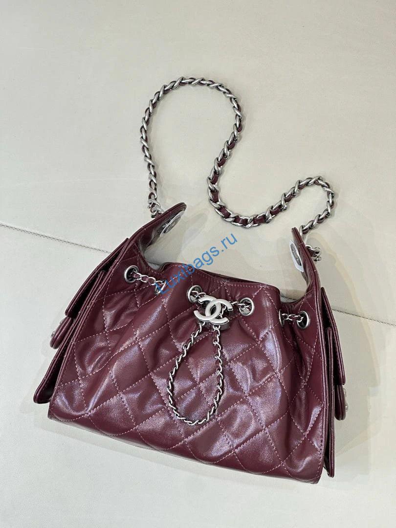 Chanel AS5631 Mini Hobo Shiny Crumpled Calfskin & Silver-Tone Metal Dark Burgundy | chanel as5631 mini hobo metallic grained calfskin wine red 02