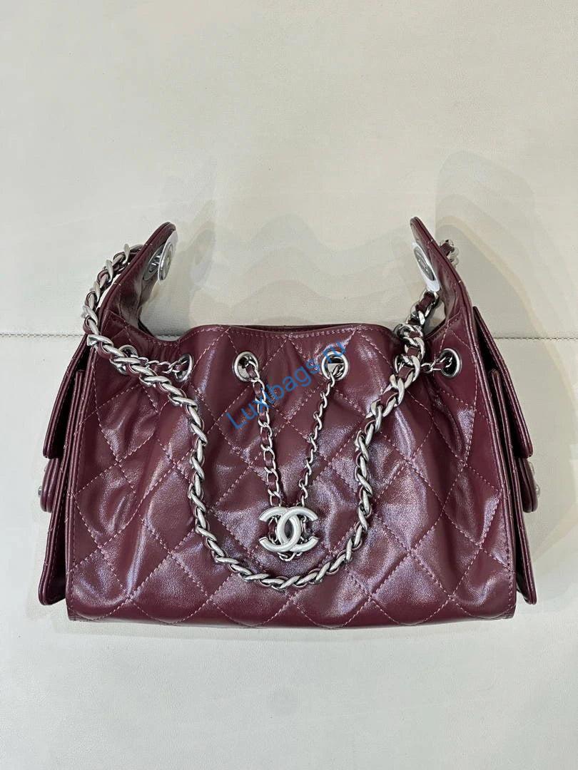 Chanel AS5631 Mini Hobo Shiny Crumpled Calfskin & Silver-Tone Metal Dark Burgundy | chanel as5631 mini hobo metallic grained calfskin wine red 04