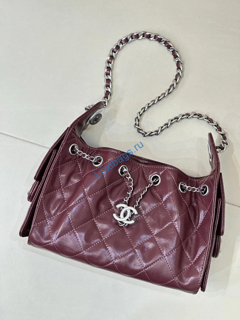 Chanel AS5631 Mini Hobo Shiny Crumpled Calfskin & Silver-Tone Metal Dark Burgundy | chanel as5631 mini hobo metallic grained calfskin wine red 05